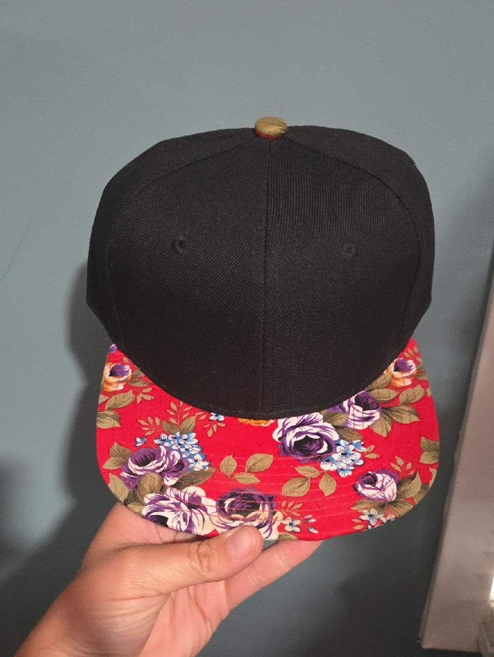 Black Snapback Hat with Red Floral Brim